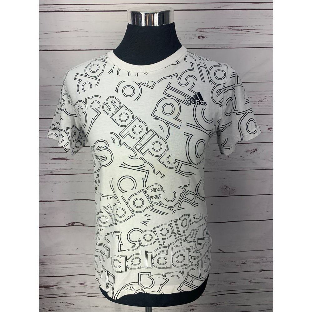 Adidas White black logo print medium boys short sleeve t shirt